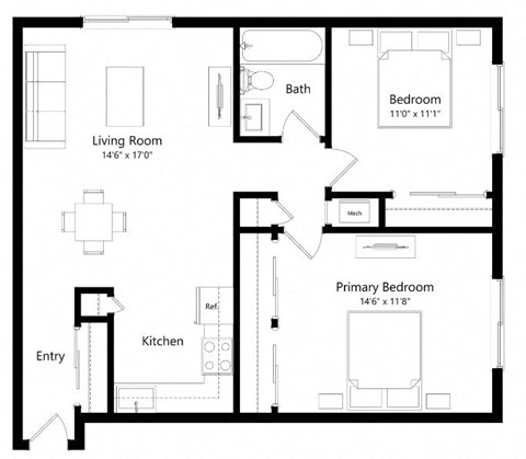Floor plan for 2 beds, 1 bath, 866 sqft